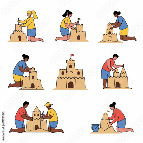 Diverse Group Engaged in Sandcastle Building on the Beach: Summer Fun and Creative Play Illustration