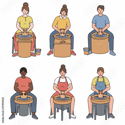 Diverse group of people happily engaged in pottery making, crafting ceramic vessels on spinning wheels in a creative workshop illustration.