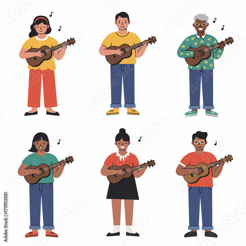 Diverse group of happy individuals across various ages and ethnicities joyfully playing ukuleles, expressing musical harmony and leisure.
