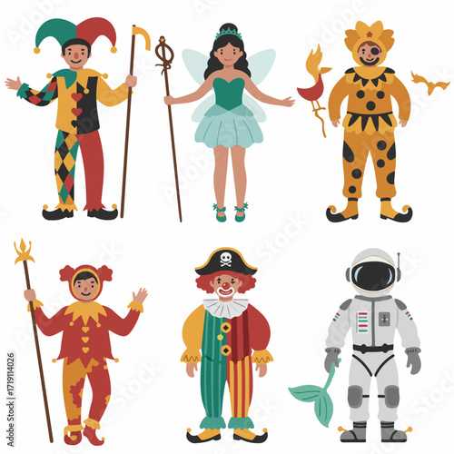 Colorful collection of characters in various costumes: jester, fairy, pirate clown, monster, and astronaut, ready for celebration and imagination.