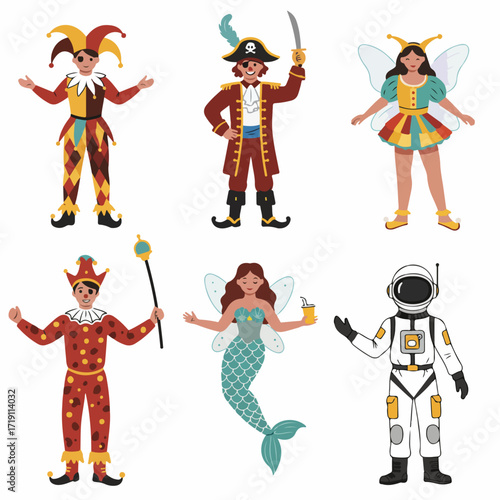 Collection of diverse characters in vibrant costumes: Jester, Pirate, Fairy, Mermaid, and Astronaut, celebrating imagination and role-playing in whimsical fantasy.