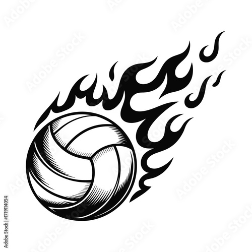 Volleyball with fiery flames trailing behind it in a dynamic illustration