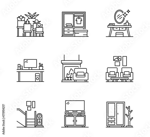 Set of Furniture and decoration icon, Ornamental plants, Fireplace, Dressing room thin line and pixel Symbol Outline icon Editable Stroke