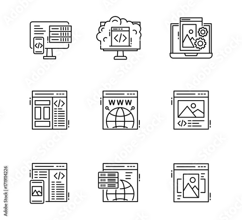 Set of Web design icon, Internet computer thin line and pixel Symbol Outline icon