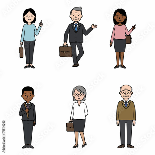 Diverse group of cartoon business professionals and elderly individuals on a white background, representing various roles and ages.