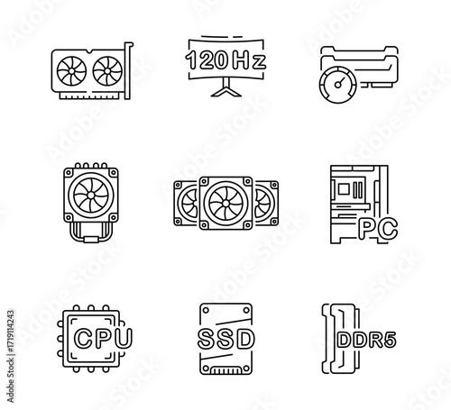 Set of Computer parts icon, components thin line and pixel Symbol Outline icon Editable Stroke