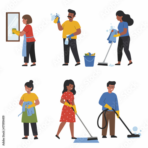 Diverse people engaged in various household cleaning tasks, demonstrating dedication to maintaining a spotless home or professional environment.
