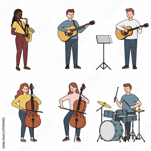 Diverse group of musicians playing a variety of musical instruments including saxophone, acoustic guitar, cello, and drums, in a vibrant cartoon illustration.
