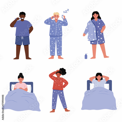 Diverse People Engaged in Morning and Night Routines, from Waking Up and Personal Hygiene to Sleeping and Relaxation, Illustrating Daily Life and Comfort