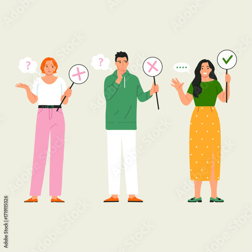 Group navigating decisions, showing yes, no, and thoughtful consideration