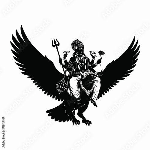 Illustration of the Hindu Deity Garuda Riding a Bird