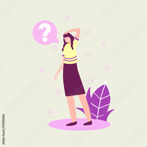 Illustration of a confused woman with a question mark in a thought bubble