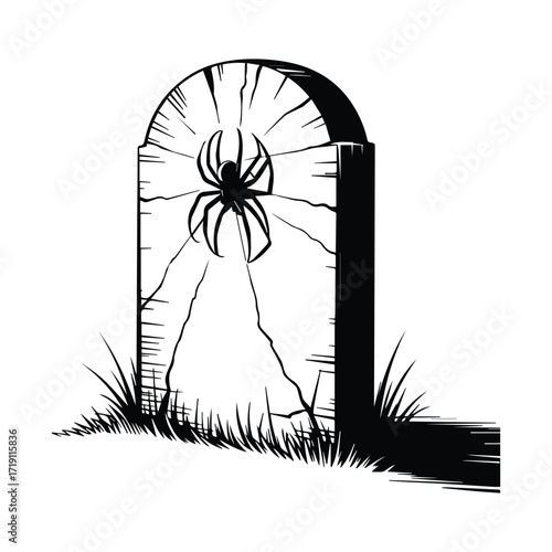 Spider perched on weathered tombstone in eerie black and white illustration