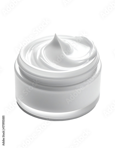 A round, white jar filled to the brim with a thick, creamy, swirling substance.  The cream is smooth and shows texture