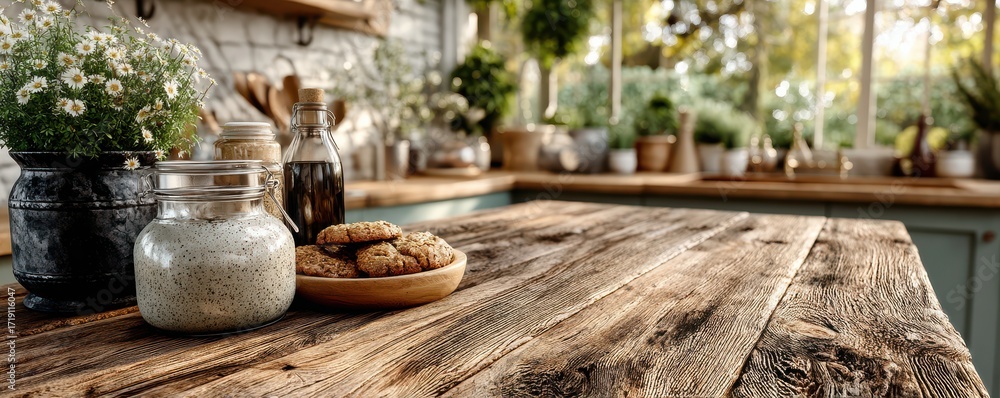 Fototapeta premium Rustic wood table in cozy kitchen with sunlight and decorative details