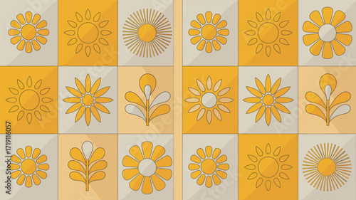 Bring retro sunshine vibes to your designs with this vibrant floral pattern, perfect for adding a touch of vintage charm and optimistic energy to any project, a groovy and cheerful aesthetic