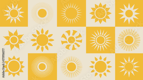 Cheerful sunshine pattern bringing warmth and optimism to any design project, perfect for summer promotions and vibrant branding with its retro aesthetic and joyful sun icons