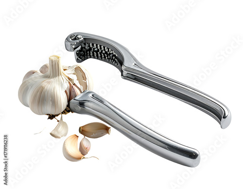 Sleek, silver garlic press with a bulb of garlic and separated cloves beside it.  The press features a textured crushing surface and ergonomic handles