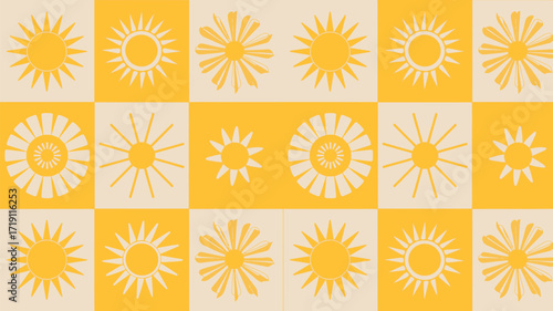 Cheerful sunshine pattern perfect for summer vibes, golden yellow hues evoke happiness and warmth, ideal for backgrounds, textiles, and uplifting designs with a retro twist