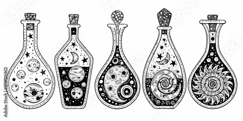 Collection of five whimsical black and white potion bottles filled with celestial and cosmic elements