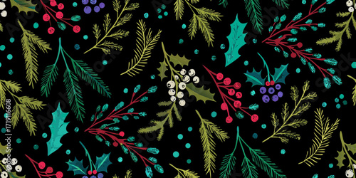 Festive christmas pattern with evergreen branches holly berries and dots on black background