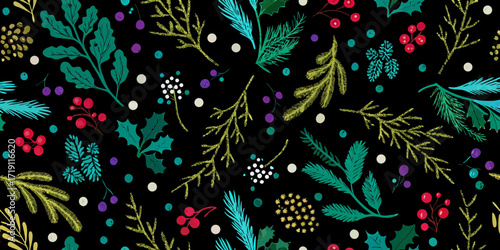 Festive christmas and winter holiday seamless pattern with holly berries pine branches and botanicals