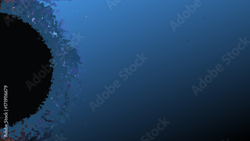 Abstract dark circular shape with colorful textured edge against a deep blue gradient background