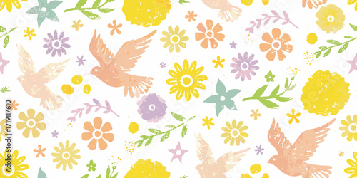 Whimsical pastel doves and flowers seamless pattern with a textured hand drawn feel