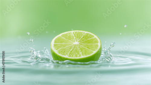 Fresh lime slice splashing into water, symbolizing freshness, vitality and nutrition, with clean bright background and dynamic copy space.