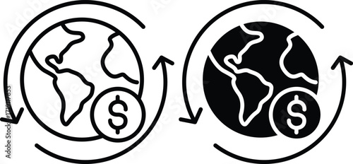 Global Currency Exchange Icon Set – Worldwide Money Transfer and Finance Symbols in Outline and Solid Styles.