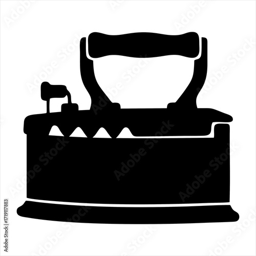A simple black and white silhouette illustration of a vintage, old-fashioned household clothing iron.