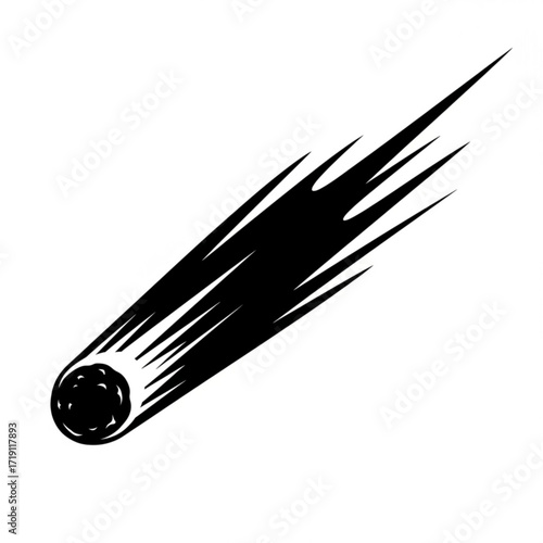 Black silhouette of a comet streaking across a white background isolated on white background