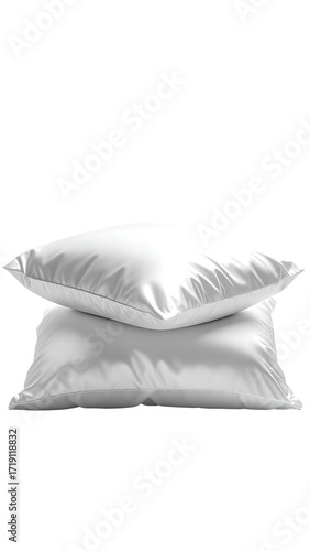 Two pristine white satin pillows, neatly stacked, showcasing a smooth, luxurious texture and subtle sheen