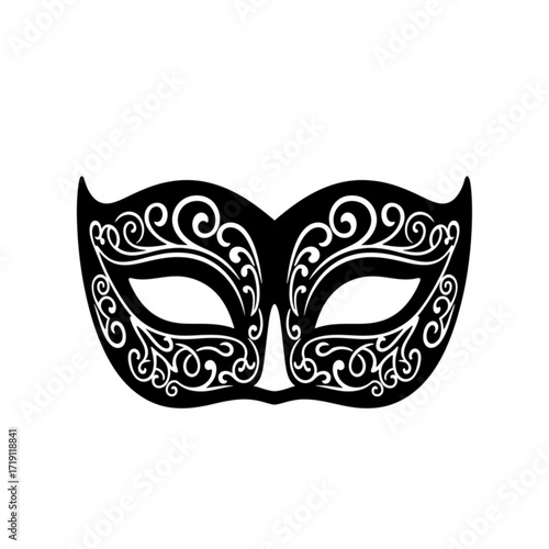 Black ornate masquerade mask silhouette isolated on white background