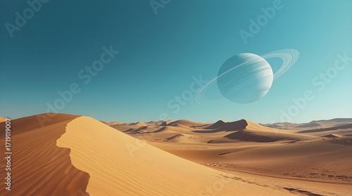 Celestial Mirage: A breathtaking image of a desert landscape merges with a serene sky and a ringed planet, creating a scene that evokes wonder.