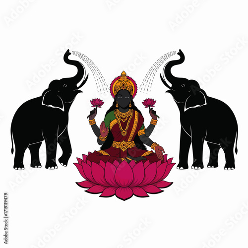 Hindu Goddess Lakshmi Seated on Lotus Flower with Two Elephants Pouring Water