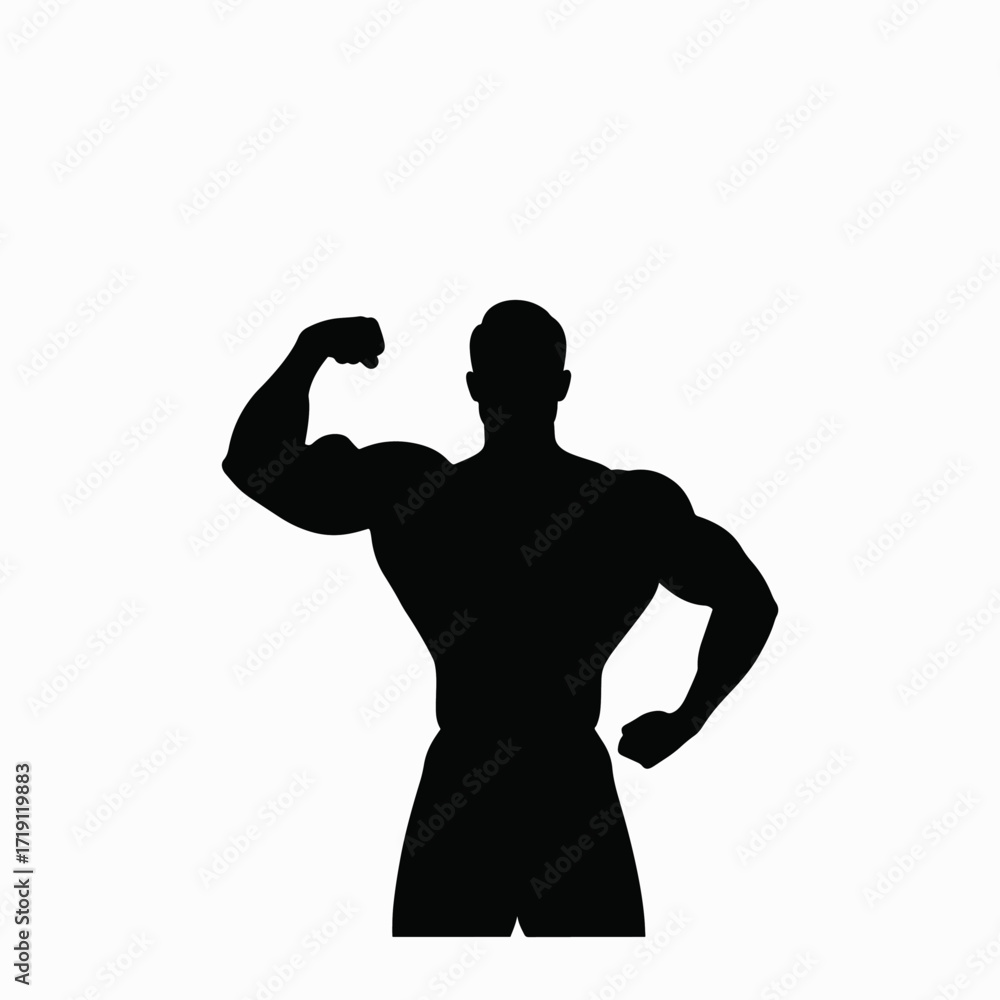 Fototapeta premium Silhouette of a Muscular Man Flexing His Biceps Demonstrating Strength and Fitness