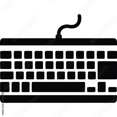 A simple black and white illustration of a computer keyboard with a connected cable on a white background silhouette