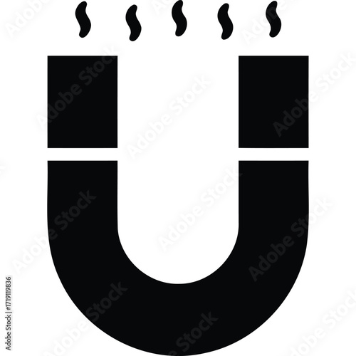 A black and white graphic of a horseshoe magnet with wavy lines emanating from the top of the magnet silhouette