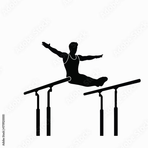 Athlete Performs Gymnastic Routine on Parallel Bars