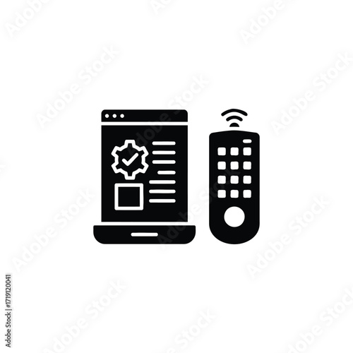 A laptop with settings icon and a remote control suggesting automation and technology integration concept silhouette