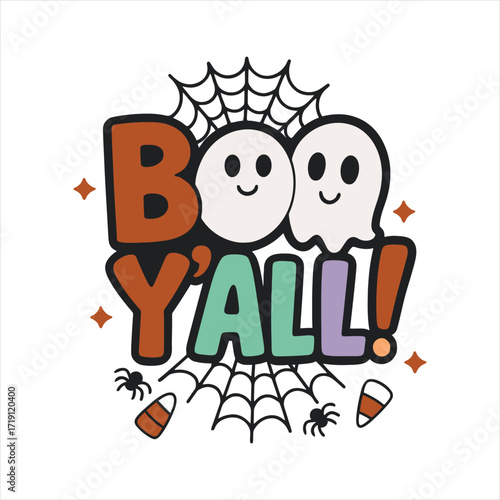 Spooky boo yall halloween text art with ghosts spiders and candy corn fun design