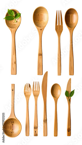 A collection of naturally-hued bamboo spoons, forks, and spatulas, some with leaf accents, arranged against a black background