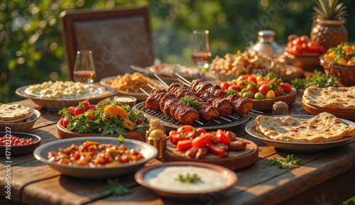 Outdoor Feast of Grilled Meats, Salads, and Breads