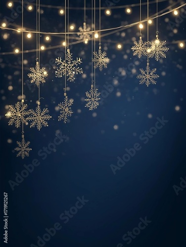 Luxury Christmas banner design with hanging gold snowflakes, glowing lights, modern dark blue background, crisp festive composition.