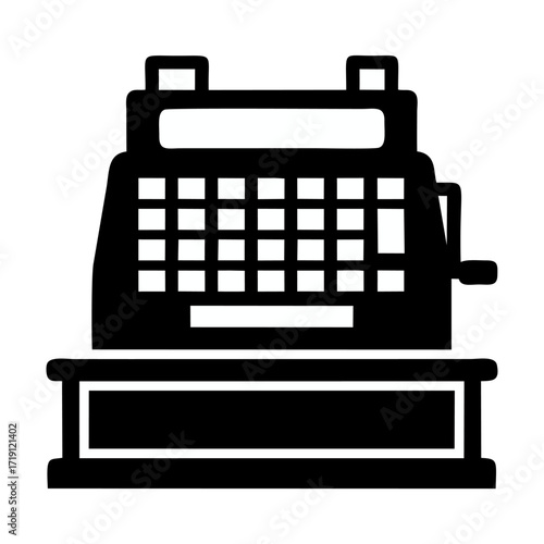 A black silhouette icon of a vintage cash register with a hand crank, sitting on a counter.
