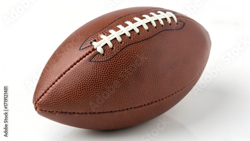 Close-up textured American football with white laces and prolate spheroid shape on white background