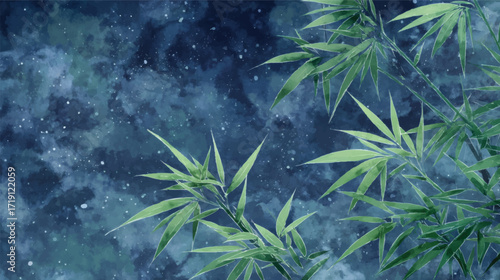 A serene night sky filled with stars, framed by bamboo leaves, creating a tranquil atmosphere