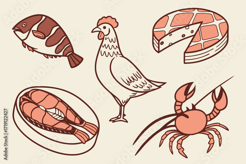 A colorful cartoon vector illustration set of farm animals and sea life including chickens, crabs, and lobsters