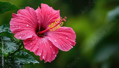 Pink hibiscus flower, wet with rain drops, vibrant color, lush greenery